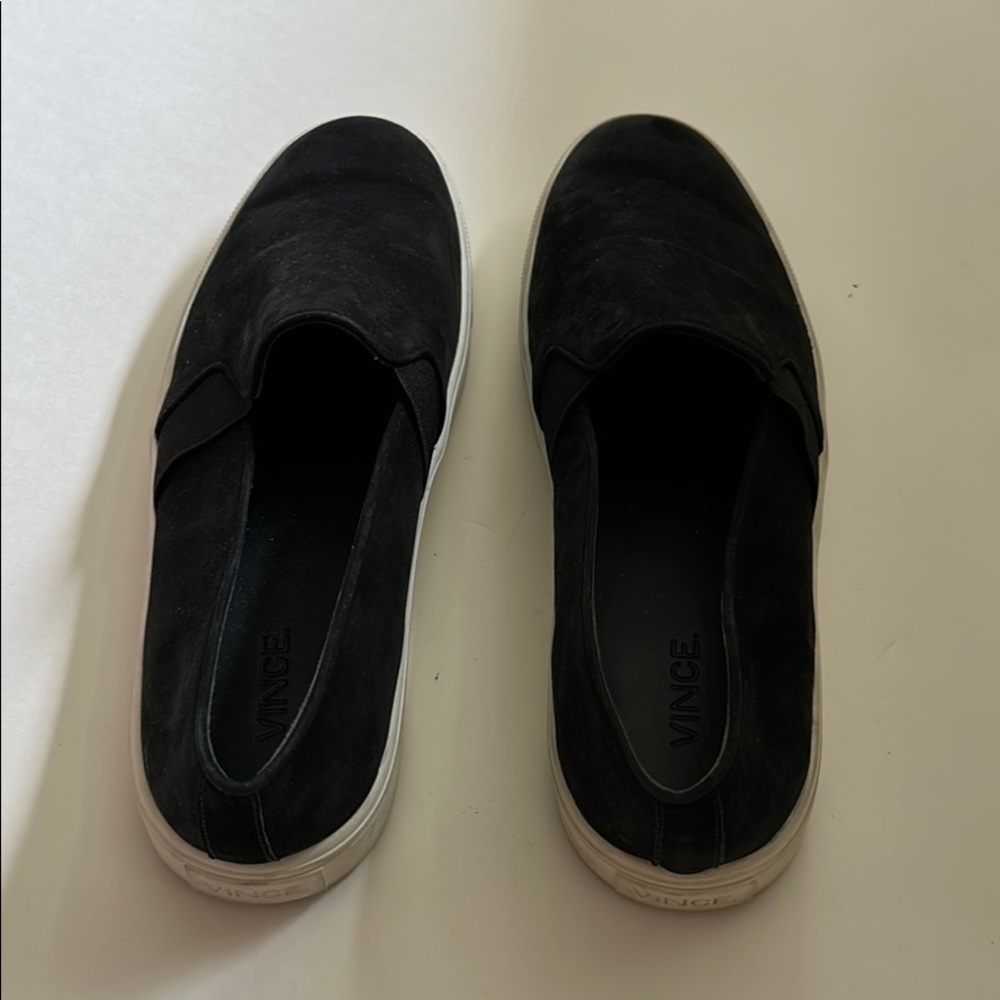 Vince black suede slip on sneakers